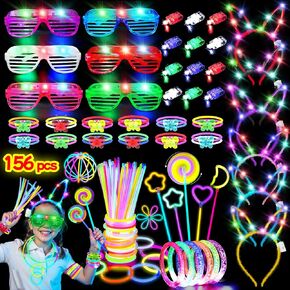156pcs Glow In The Dark Party Supplies Light Up Toys Party Favors Adults Kids 4-8 8-12 With Glow Stick Bulk Pack LED Bracelets Glasses Finger Lights DIY Necklaces Neon Decorations Birthday Easter Gift
