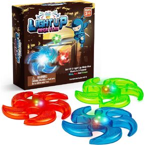 PICK A TOY Light Up Ninja Flyers Set, 3 LED Electronic Stars, Heavy Duty Rubber Throwing Discs, Fun and Interactive Kids Toys for Tossing, Games, and Play, 3 Colors, Includes Gift Box