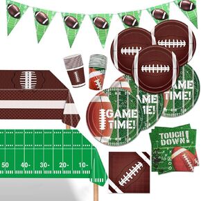 Football Party Supplies Kit for 24, 9-inch Plates, Dessert Plates, Touchdown Napkins, Cups, Banner, Yard Line Tablecloth for Birthday, Gameday, Tailgate, Sup Bow Party Decorations