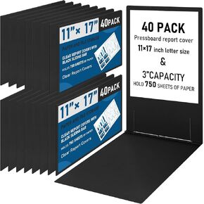40 PCS 11x17 Inch Pressboard Cover ، مجلد الموثق التقديمي 3 بوصة مع مثبتات ورقية شق المعادن لربط التقارير والمقترحات والنصوص وغيرها من المستندات (أسود) بدقة