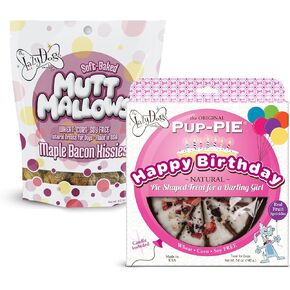 The Lazy Dog Cookie Co. Original Pup-Pie Happy Birthday for A Darling Girl Dog Biscuits, 6 in, 5 oz, & Mutt Mallows Maple Bacon Kissies Soft Baked Treats, 5 oz, Wheat-Free, Baked in The USA