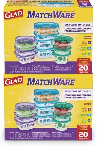 Glad GladWare Matchware Food Storage Containers, Value Pack With Easy Color Match Lids, 20 Piece Set (Pack of 2) - With Glad Lock Tight Seal, BPA Free Containers and Lids in Saudi Arabia