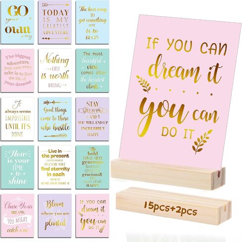 15 Pieces Inspirational Quote Desk Card with 2 Pieces Wooden Block Desk Stands, Stamped Display Colored Positive Affirmations Card Motivational Display for Women Office in Saudi Arabia