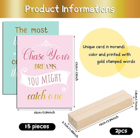 15 Pieces Inspirational Quote Desk Card with 2 Pieces Wooden Block Desk Stands, Stamped Display Colored Positive Affirmations Card Motivational Display for Women Office in Saudi Arabia