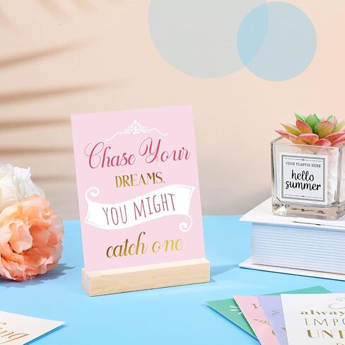 15 Pieces Inspirational Quote Desk Card with 2 Pieces Wooden Block Desk Stands, Stamped Display Colored Positive Affirmations Card Motivational Display for Women Office in Saudi Arabia