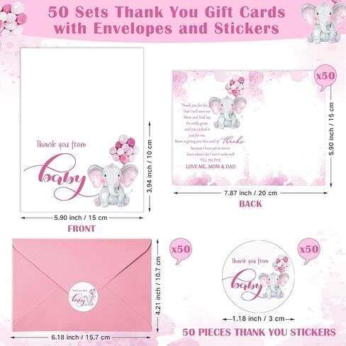 Zhanmai 50 Sets Dame Shower Thank You Cards You Elephant تحت عنوان 50 استحمام الطفل ، شكرًا لك ملاحظات مع 50 مغلفات وملصقات بطاقة هدايا Boy Boy Party Canner Canner (Blue) in Kuwait