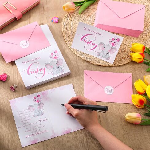 Zhanmai 50 Sets Dame Shower Thank You Cards You Elephant تحت عنوان 50 استحمام الطفل ، شكرًا لك ملاحظات مع 50 مغلفات وملصقات بطاقة هدايا Boy Boy Party Canner Canner (Blue) in Kuwait