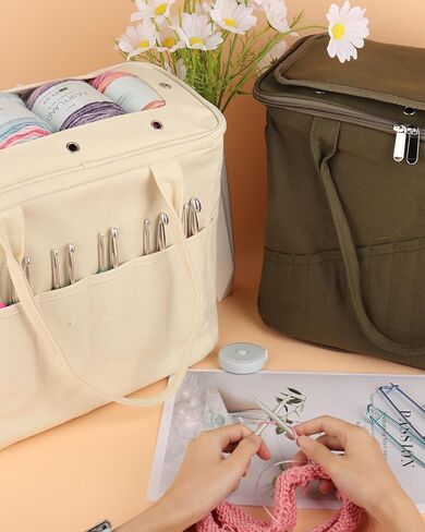 Aeelike Large Crochet Yarn Bag, Crochet Yarn Storage Organizer, Knitting Bag, Yarn Tote Organizer for Carrying Projects, Knitting Needles, Crochet Hooks and Yarn, White in Saudi Arabia