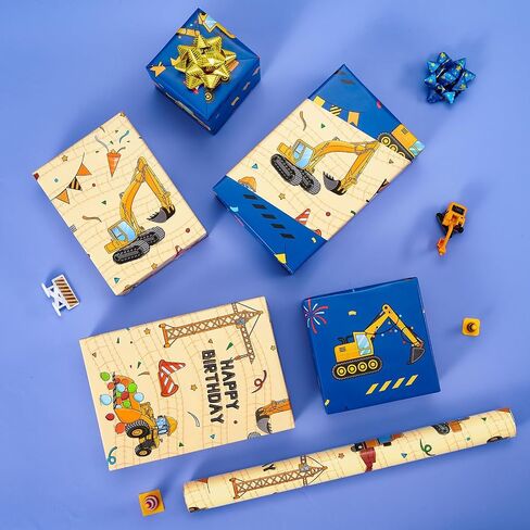 Wernnsai Construction Rapping Paper Roll - 1 Roll 17 "× 33 قدمًا ، ورقة تغليف هدية للبناء للأطفال in Kuwait