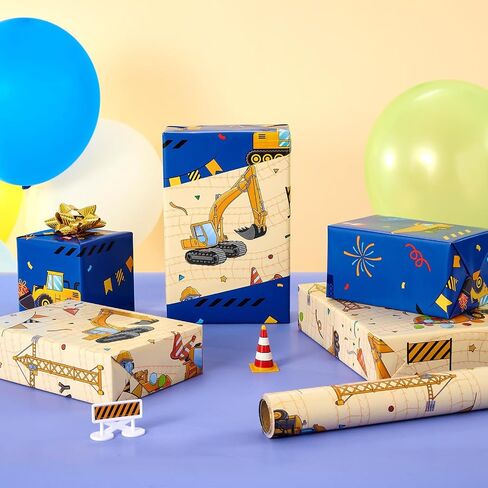 Wernnsai Construction Rapping Paper Roll - 1 Roll 17 "× 33 قدمًا ، ورقة تغليف هدية للبناء للأطفال in Kuwait