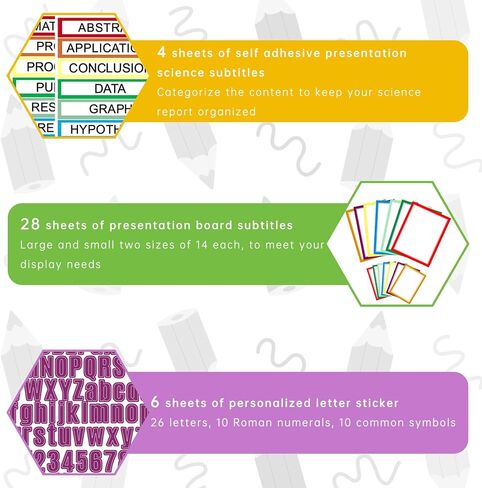 HAUTOCO 38 Sheets Science Fair Display Boards Supplies 28 Self Adhesive Presentation Science Subtitles 4 Science Fair Project Titles 6 Personalized Letter Stickers for Classroom Office, Colorful in Saudi Arabia