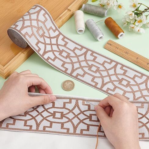 FINGERINSPIRE 5.5 Yards Geometric Jacquard Ribbon 3-1/4" Wide Polyester Embroidery Curtain Trim Tape Light Brown Embroidered Drapery Trim Jacquard Ribbon for Your Drapes Curtains Banding Trim Tape in Saudi Arabia