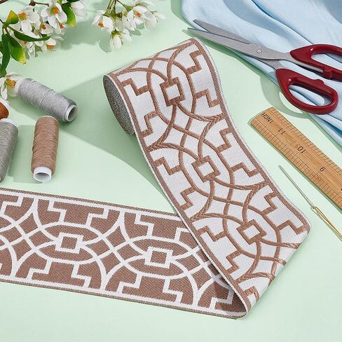 FINGERINSPIRE 5.5 Yards Geometric Jacquard Ribbon 3-1/4" Wide Polyester Embroidery Curtain Trim Tape Light Brown Embroidered Drapery Trim Jacquard Ribbon for Your Drapes Curtains Banding Trim Tape in Saudi Arabia