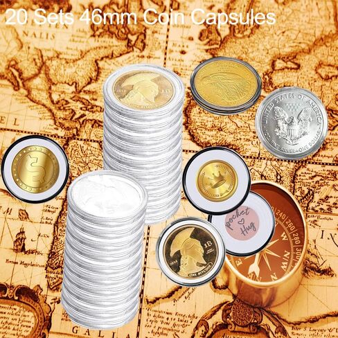 20 PCS 46 مم كبسولات عملة مع 7 أحجام (16/20/25/27/30/38/46) حشوات الرغوة لمجموعة عملة معدنية عملة سيلفر النسر الفضية ، نصف دولار ، بيتكوين (شفاف مع رغوة بيضاء) in Kuwait