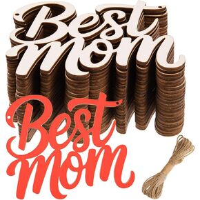 AWIZOM 48 Pcs Best MOM Unfinished Wood Crafts Wooden Mothers Day Crafts Wood Best MOM Cutouts Wood Letters Ornaments with Twine for DIY Mother's Day Present Tags, Mom's Birthday Party Decor,4.72x4.29
