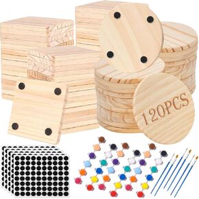 Adboros 120 Pcs Unfinished Wooden Coasters, 4 Inch Blank Wood Coasters for Crafts with Non Slip Foam Pad Stickers for DIY Stained Painting Wood Engraving (Square and Round)