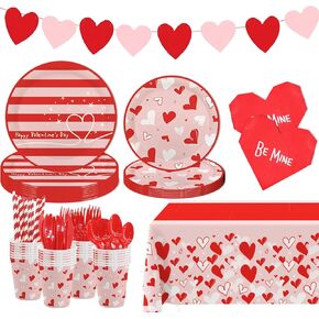 MEHOFOND 194Pcs Valentine's Day Party Decorations Valentines Day Plates and Napkins Sets Includes Pink Red Heart Tablecloth Banner Cups for Engagements Weddings Anniversary Party Supplies ,Serves 24