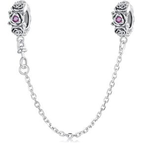 Rose Safety Chain Charms with 2 Rubber Spacer Stoppers Charms 925 Sterling Silver Beads fit Pandora Charms Bracelet for Women