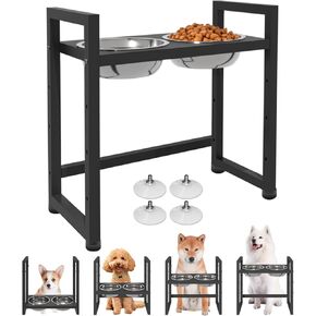Elevated Dog Bowls Stand with 2 Stainless Steel Food & Water Bowls for Large Medium Small Dogs, Adjustable Raised Dog Bowl with Non-Slip Plastic Sucker for Pet,White