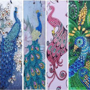 4 Pcs DIY Diamond Art Painting Bookmarks Kits Peacocks Bookmark Art with Tassel Craft 5D Special Shaped Crystal Rhinestones Bookmark for Adults Beginner Students Gift 21x6cm