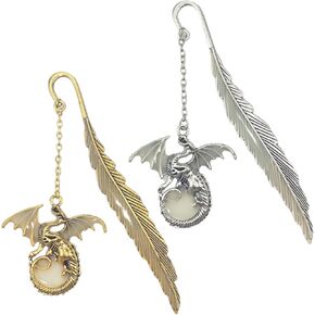 2 Pack Silver and Gold Feather Dragon Bookmark, Metal Bookmark Glow in The Dark Dragon Bookmark, Fantasy Dragons Gift for Women Men, Cool Bookmarks for Book Reading Lovers