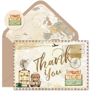 24 Pack Travel Thank You Cards Vintage Adventure Greeting Cards With Envelopes Stickers Airplane Map Suitcases Blank Note Cards for Birthday Baby Shower Party