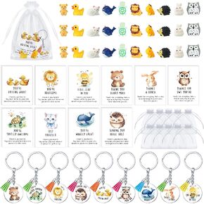 Geetery 120 Pcs Inspirational Gift Include Appreciation Animal Pun Thank You Note Cards Funny Resin Toys Motivational Keychain Organza Bags for Coworkers Family Nurse Friend Volunteer Pocket Favors