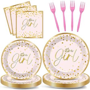 party greeting 96Pcs Baby Girl Shower Party Decorations It’s a Girl Baby Shower Paper Plates and Napkins Pink Gold Tableware Dinnerware Set for Gender Reveal Birthday Party Supplies Favors Serves 24