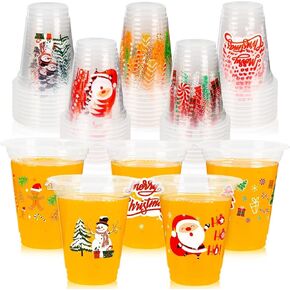 GuassLee Christmas Disposable Cups - 50 Pack 12 OZ Clear Disposable Christmas Plastic Cups Set with 5 Styles Patterns for Kids Adults Christmas Party Favors Coffee Wine Cold Drinks
