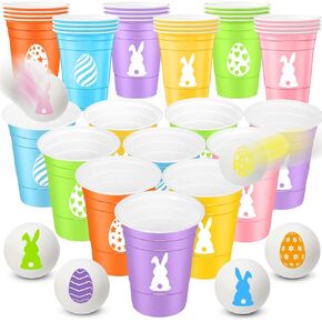 24 Pcs Easter Game Supplies Set 16 oz Bunny Eggs Plastic Cups with 6 Easter Theme Balls Easter Party Game Beer Cups for Easter House Parties Favors Concerts Birthdays BBQ(Classic Color)
