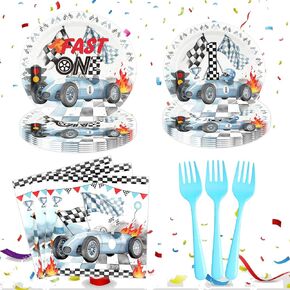 Race Car 1st Birthday Birthday Paper Plates Napkins and disposable forks Fast One Birthday Decrations Race Car Party Supplies Blue black Race Car One Birthday Decorations for Boy 1st Bday