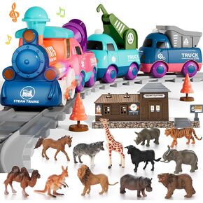 Train Set for Toddlers, Electric Train Toys with Light, Music and Animals, Toddler Magnetic Train Track Playset 3-5, Birthday Gifts for 3 4 5 Years Old Boys Girls