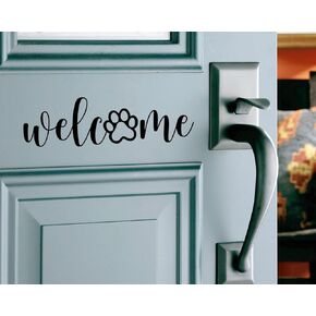 Welcome Vinyl Decal - 14"x4" - Dog Lover's Welcome Sign for Storefront Window and Door - Funny Humor Dog Paw Front Door Sign Design (Black)
