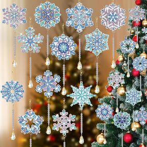 Poen 12 Pcs Winter Diamond Art Snowflake Ornaments Holiday Keychains Kits 5d Christmas Diamond Tags Hanging Pendant Ornaments DIY for Craft Winter Party Supply