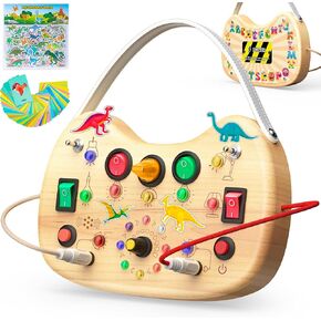 Toddlers Montessori Wooden Busy Board with LED Light, Switch Board Car Ride Airplane Travel Toys, Christmas, Birthday Gift for 1-3 Year Old Boys and Girls