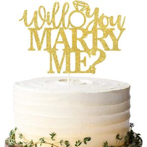 Gold Glitter 'Will You Marry Me?' Marry Me Proposal Cake Topper, Engagement Ring Topper