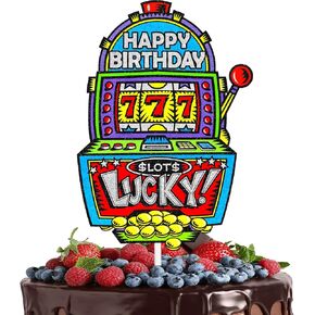 Las Vegas Cake Topper Casino Gambling Theme Happy Birthday Lucky Slot Machine "777" Decorations, Poker Chips and Dice Decorations for Gambling Night Party, Birthday Party or Bachelor Party. LIANGSS