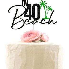 Beach I’m 40 Cake Topper, Happy 40th Birthday Cake Decorations, Beach Theme 40 Years Old Birthday Party Decor Supplies Black & Green Glitter