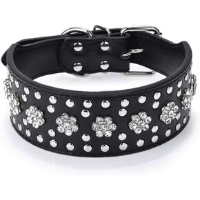 Rhinestones Dog Collars Flower Pattern Rhinestone Studded Leather Sparkly Crystal Diamonds Dazzling Sparkling Elegant Fancy PU Leather Dog Collar for Medium & Large Dogs (L, Purple) in Kuwait