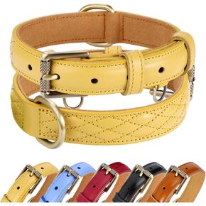 CHEDE Basic Classic Luxury Padded Genuine Leather Dog Collar，Heavy Duty Dog Collar，Soft and Strong Leather Collars with Metal Buckle，Wide Dog Collar for Large Medium Small Pets (Yellow, M)