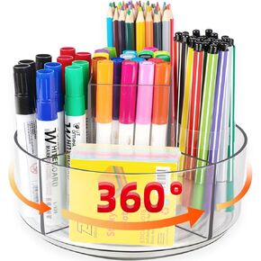Acrylic Pencil Holder for Desk, 360 Degree Rotating Pen Holder Pencil Organizer, 5 Compartments Kids Marker Holder Crayon Desk Organizer for Office Home