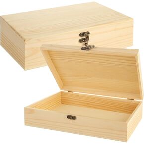 2 Pack 12 x 7 x 3 Inch Unfinished Wooden Box, Pine Wooden Storage Box with Hinged Lid, Wood Keepsake Box Wooden Gift Box for Crafts Jewelry Art DIY Home Storage