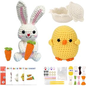 طقم Wokdsbl Crochet للمبتدئين مع خيوط مخصصة مخصصة ودروس فيديو خطوة بخطوة ، هدية مثالية DIY Craft ، Knitt Kit Crochet Animal Cits for Easter Egg Fillers （Bunny & Chick）