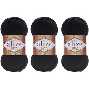 Alize Diva Stretch Yarn, Elastic Microfiber Acrylic Stretch Bikini Yarn, Summer Yarn for Crocheting and Hand Knit, Swimwear Yarn, 2 Sport Yarn, Oeko Tex Certified (1, 60-Black)