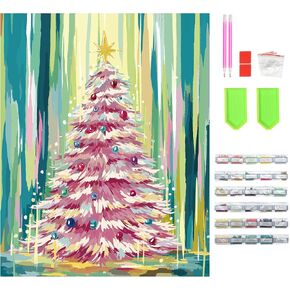 Slody Christmas Diamond Art Kits for Adults Pink Xmas Tree Diamond DIY Painting Kits for Adults Large Size 5D Round Full Drill Diamonds Craft for Adults Holiday Home Decor 16x20 inch