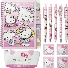 Kawaii Kitty Stationery Set, Includs Notebook & 5 Pcs Gel Pen & Pen Case & Sticky Notes, Planner Pen Pouch with Black Ink Ballpoint Pen Memo Pad, Coin Pouch Office Supplies Stationery Organizer Gift