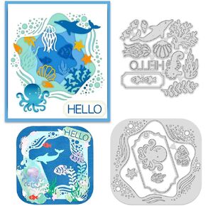 INFUNLY Ocean Theme Metal Cutting Dies Set 2PCS Sea Animal Die Cuts for Card Making Wave Frame Die Cut Shape Dolphins Octopuses Starfish Seaweed Jellyfish Pattern Dies Embossing Tool for Scrapbooking