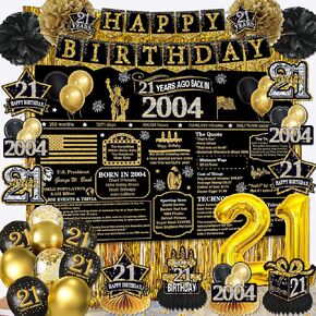 21st birthday decorations for him her,happy 21st birthday banner,black gold 21 years ago back in 2004 Backdrop,Hanging Swirl,paper Poms,honeycomb centerpiece,21st birthday balloons for him men