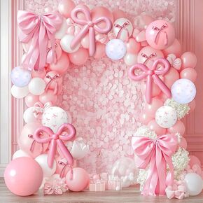 Pink Bow Confetti Balloons, 86 Pcs Pink White Bow Long Balloons Helium Latex Balloons for Birthday, Baby Shower, Wedding, Bridal, Engagement, Bachelorette, Coquette Party Decorations Supplies