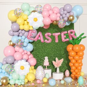 177 PCS Easter Balloons Arch Garland Kit Easter Party Decorations with Easter Banner Daisy Balloons Carrot Gold Confetti Spring Rainbow Pastel Balloons for Egg Hunt Baby Shower Girls Birthday Supplies